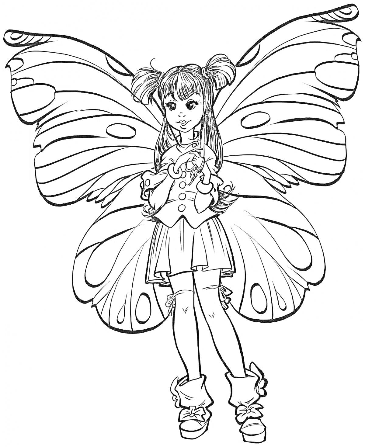 Раскраска Девочка-фея с большими крыльями в платье и с двумя хвостиками