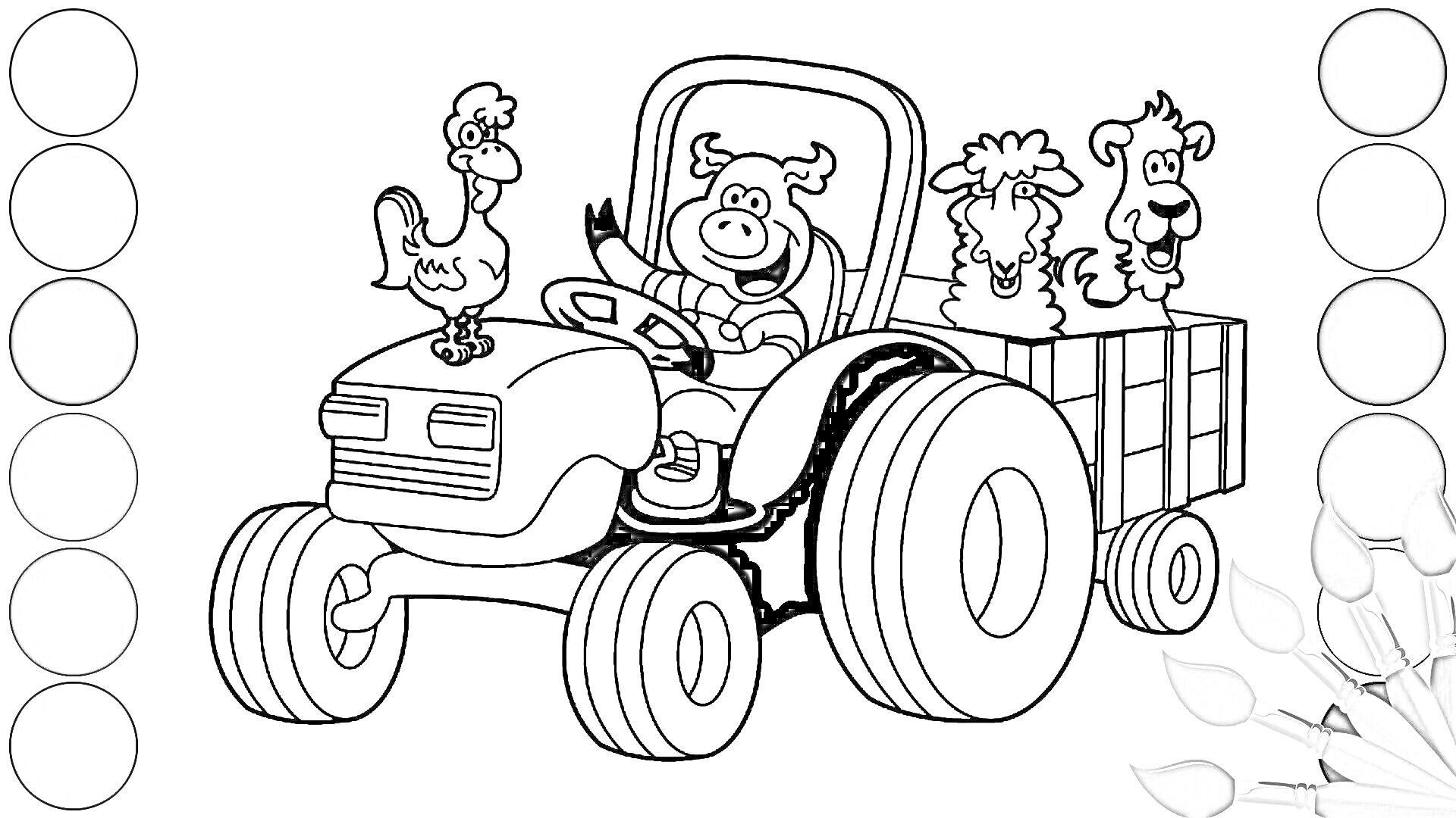 На раскраске изображено: Трактор, Водитель, Животные, Петух, Собака, Синий трактор