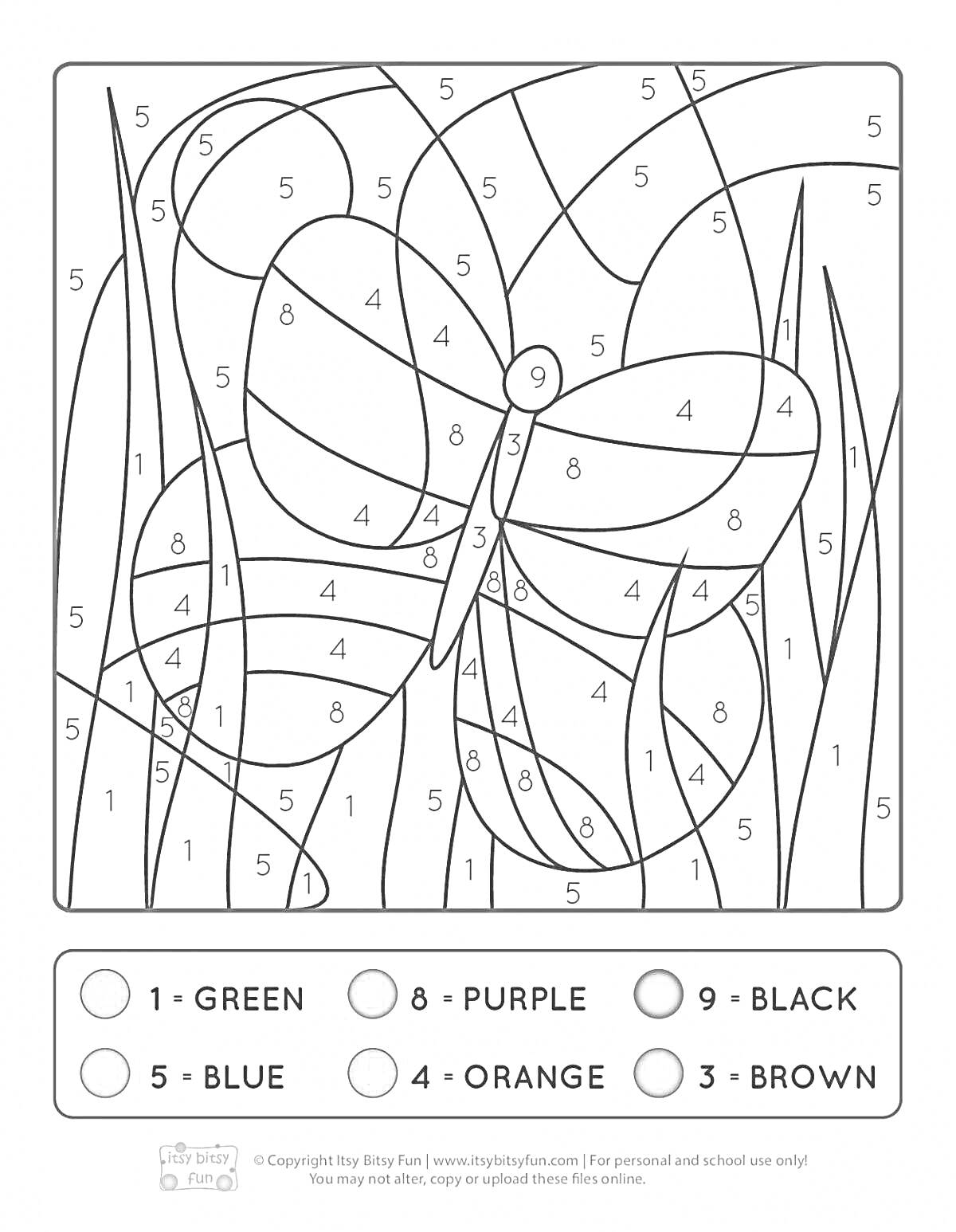 Раскраска по цифрам с изображением бабочки среди травы и листьев
