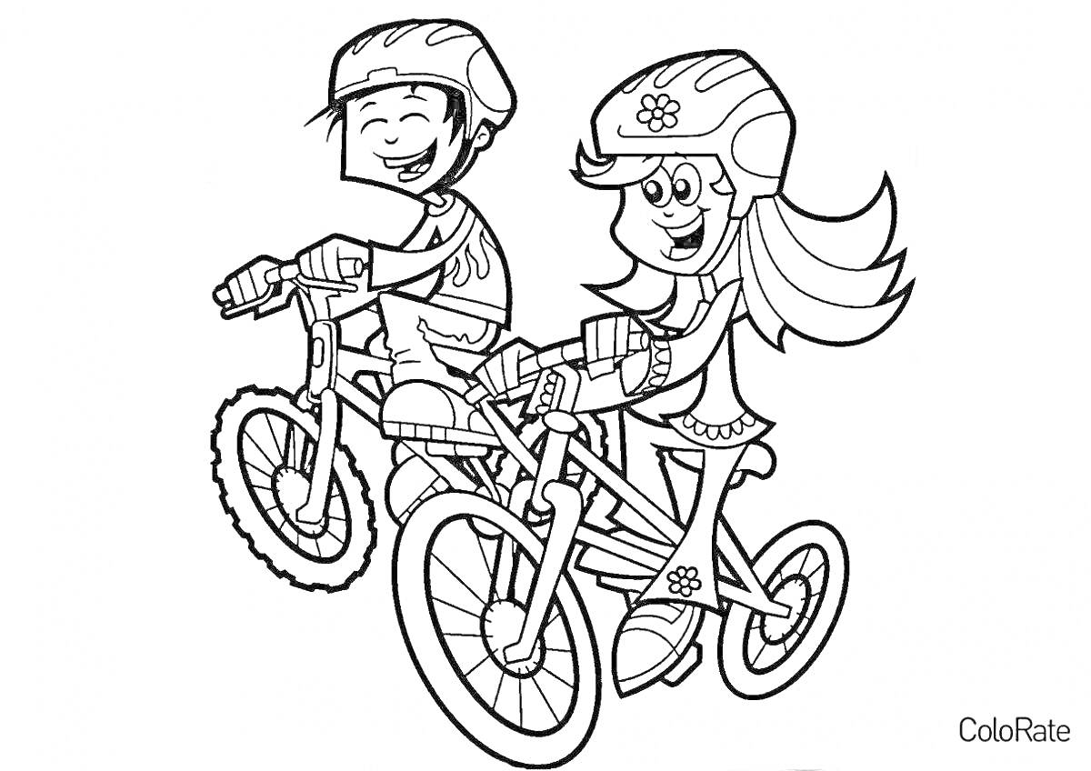 На раскраске изображено: Велосипед, Велосипедист, Мальчик, Девочка, Езда на велосипеде