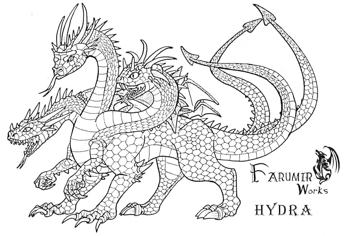 На раскраске изображено: Гидра, Три головы, Чешуя, Дракон, Крылья