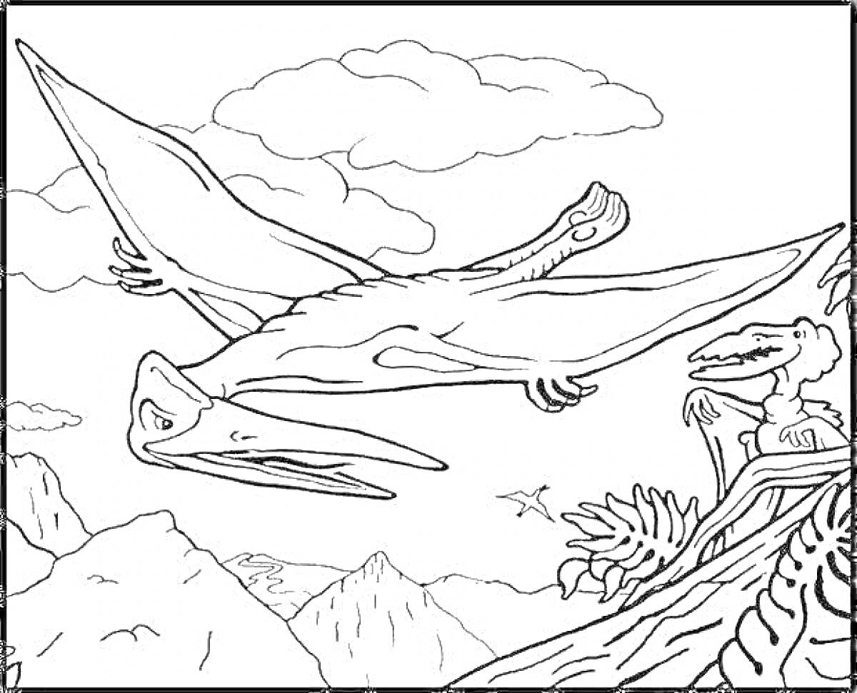 Два летающих динозавра, один летит на фоне неба и облаков над горами, второй стоит на скале