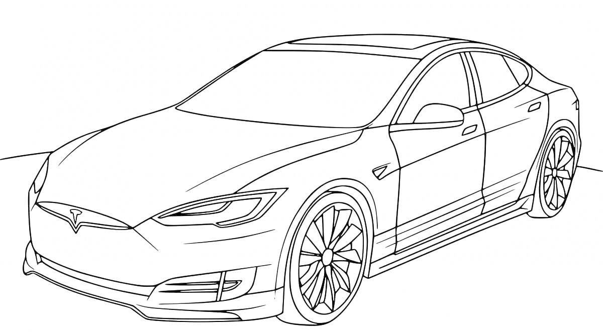 Раскраска Тесла автомобиль, вид сбоку и спереди с элементами кузова, фарами, передними колесами и лобовым стеклом.
