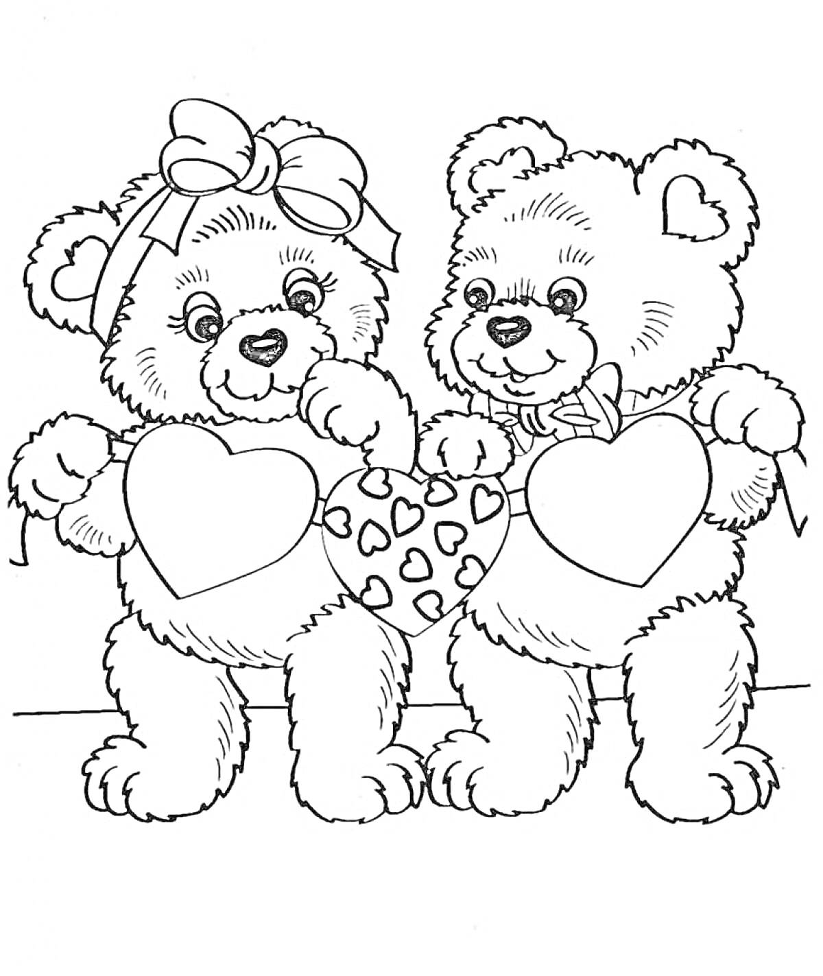 Раскраска Два мишки Тедди с бантиком и цепочкой из сердечек