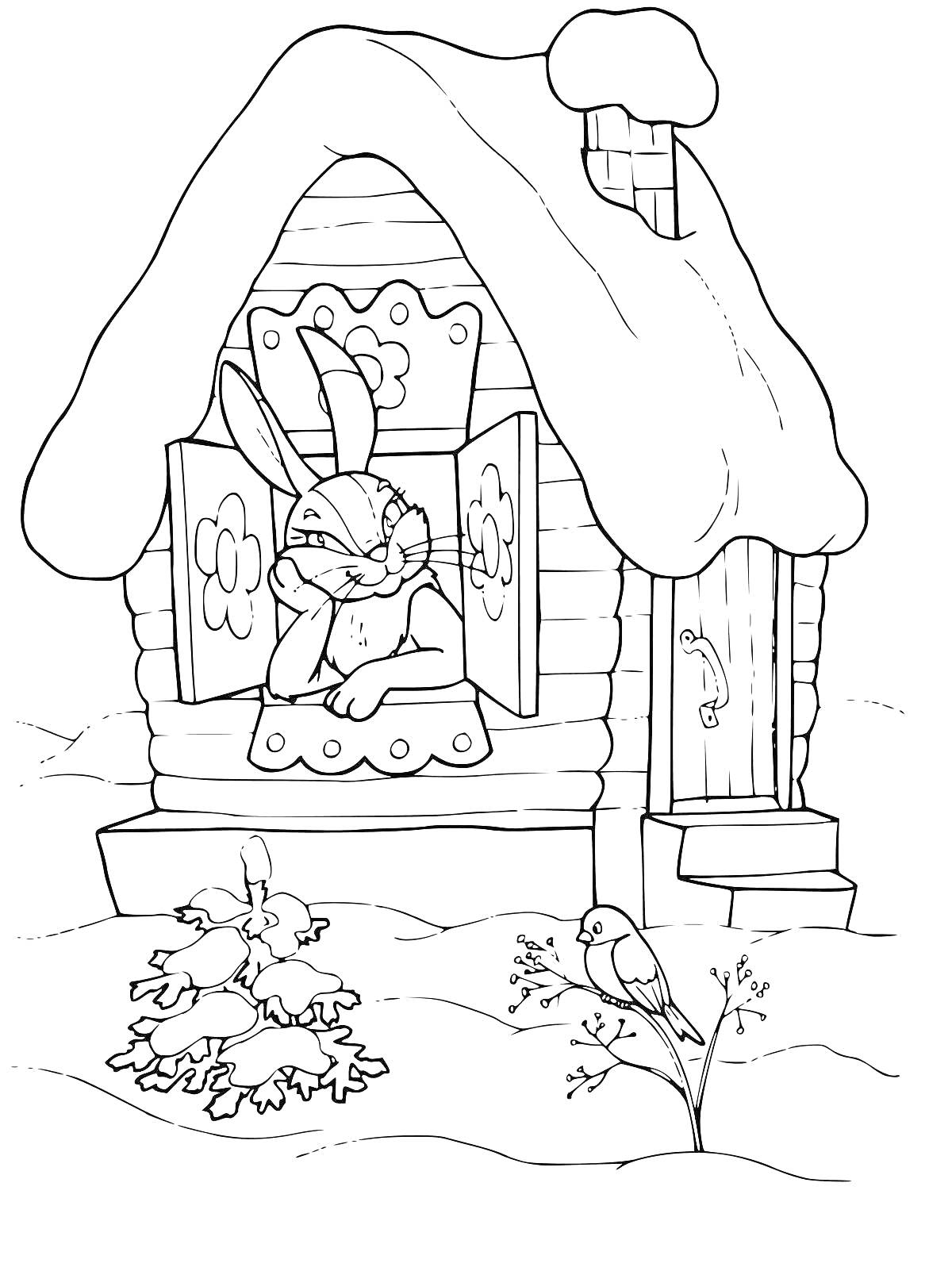 Раскраска Заяц в деревянном домике с деревянной трубой и птица на кусте