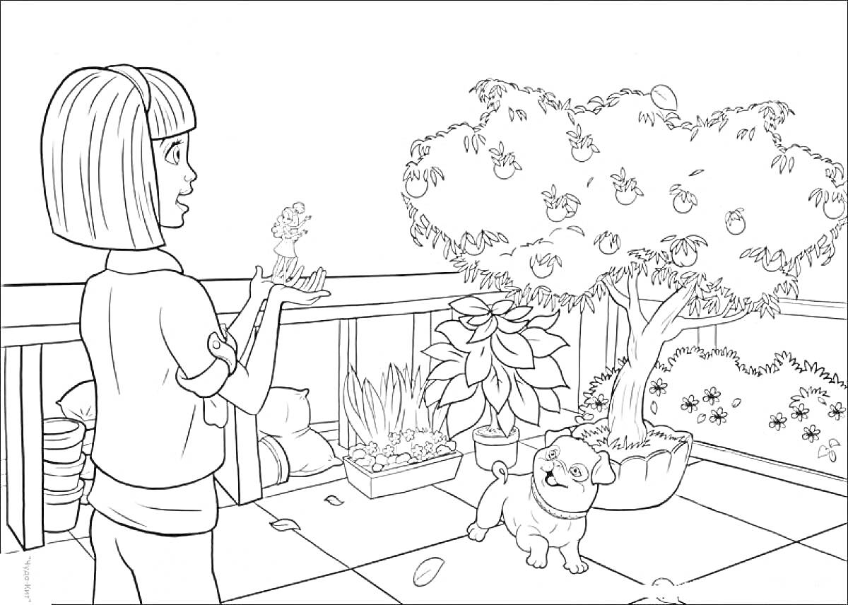 РаскраскаДевочка с Дюймовочкой и щенком в саду на балконе