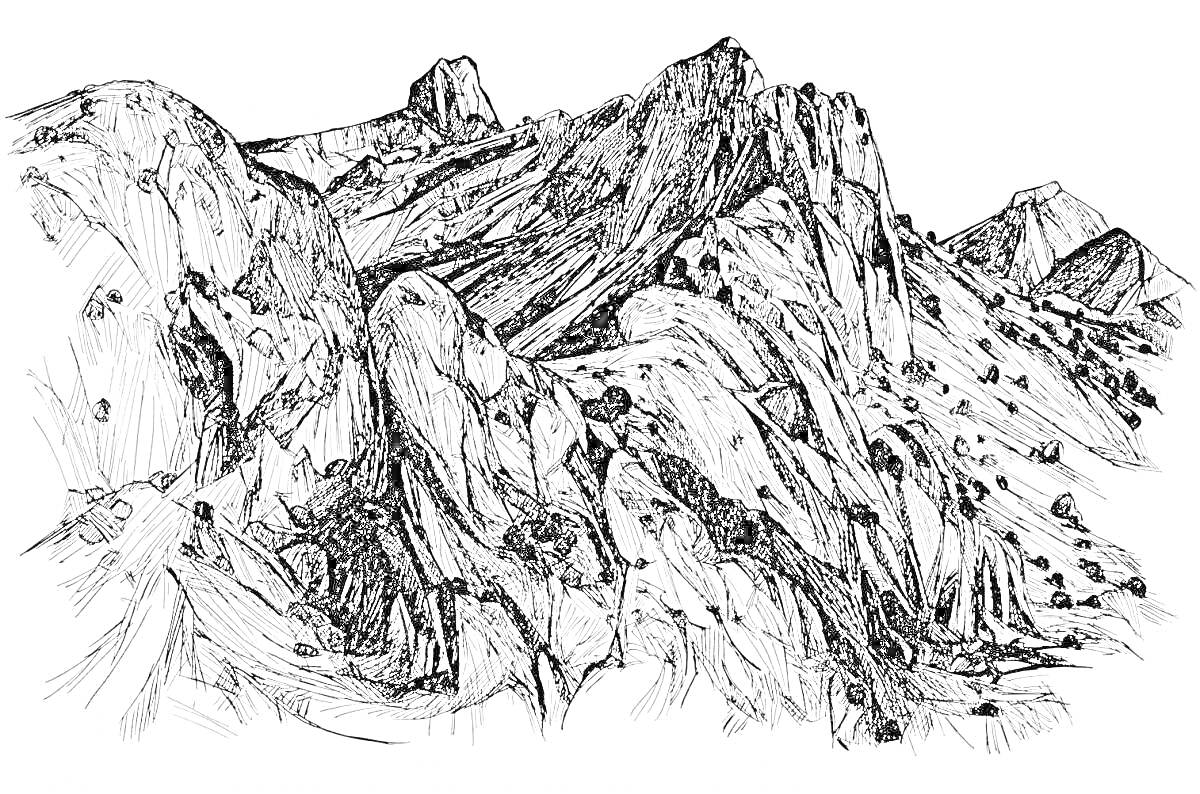 Раскраска Скалистый ландшафт с множеством утесов, валунов и холмов.