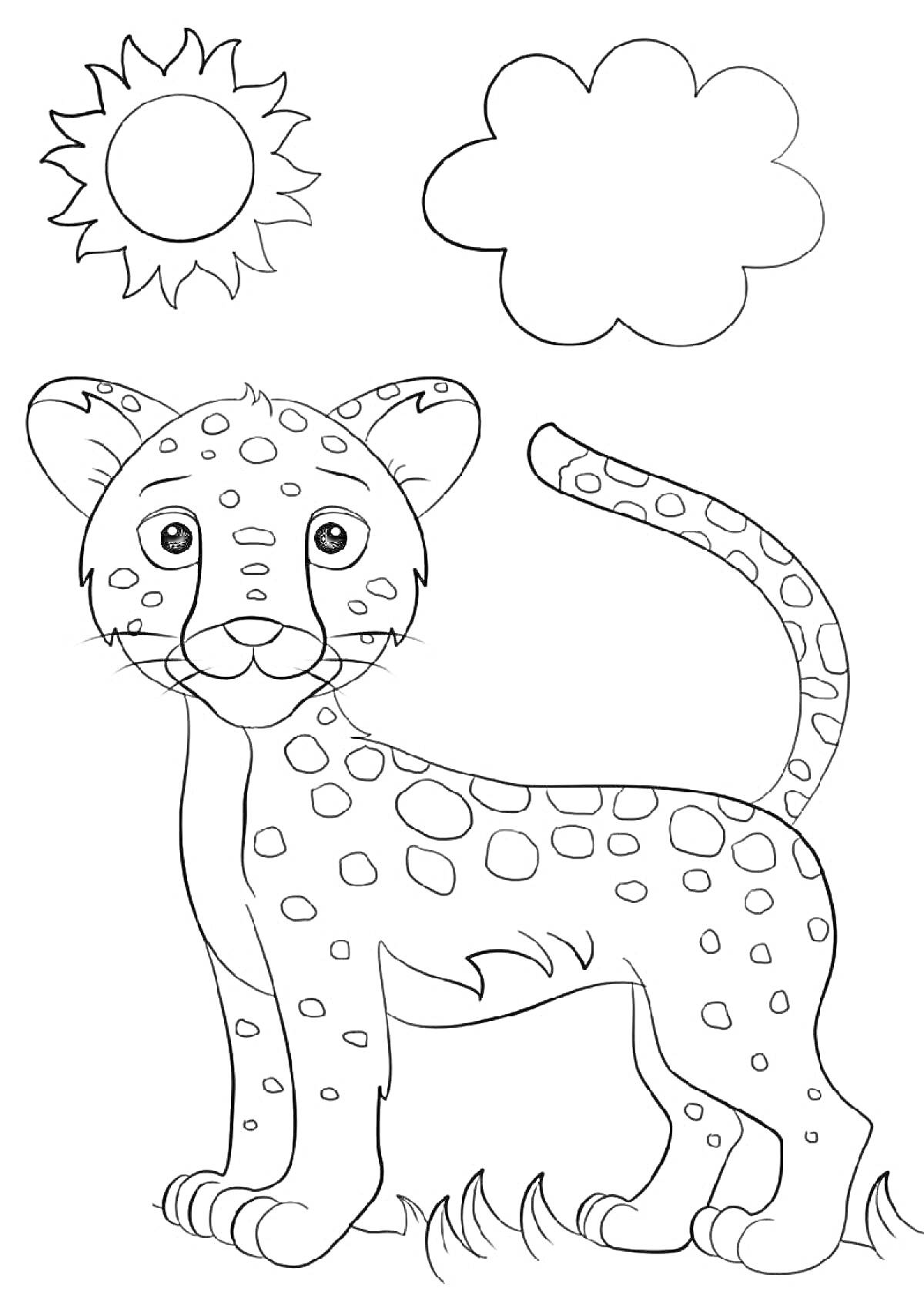 На раскраске изображено: Ягуар, Пятна, Солнце, Природа, Животные, Контурные рисунки