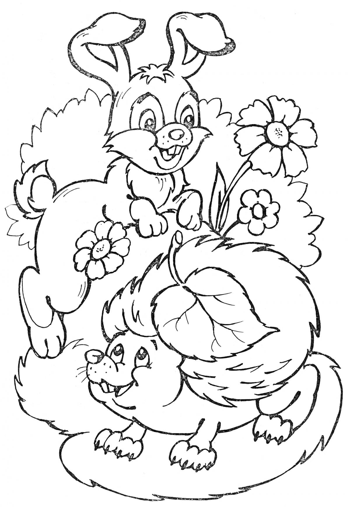 Раскраска Ежик с листиком на спине и кролик рядом с цветами