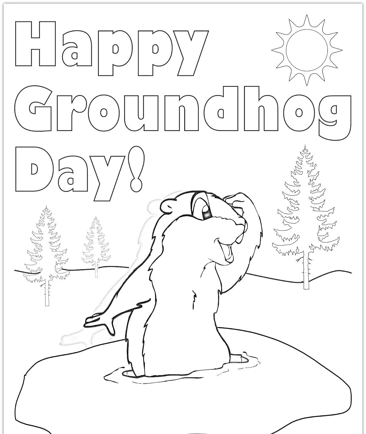 Раскраска Happy Groundhog Day! Сурок высунул голову из земли, на заднем плане деревья и солнце