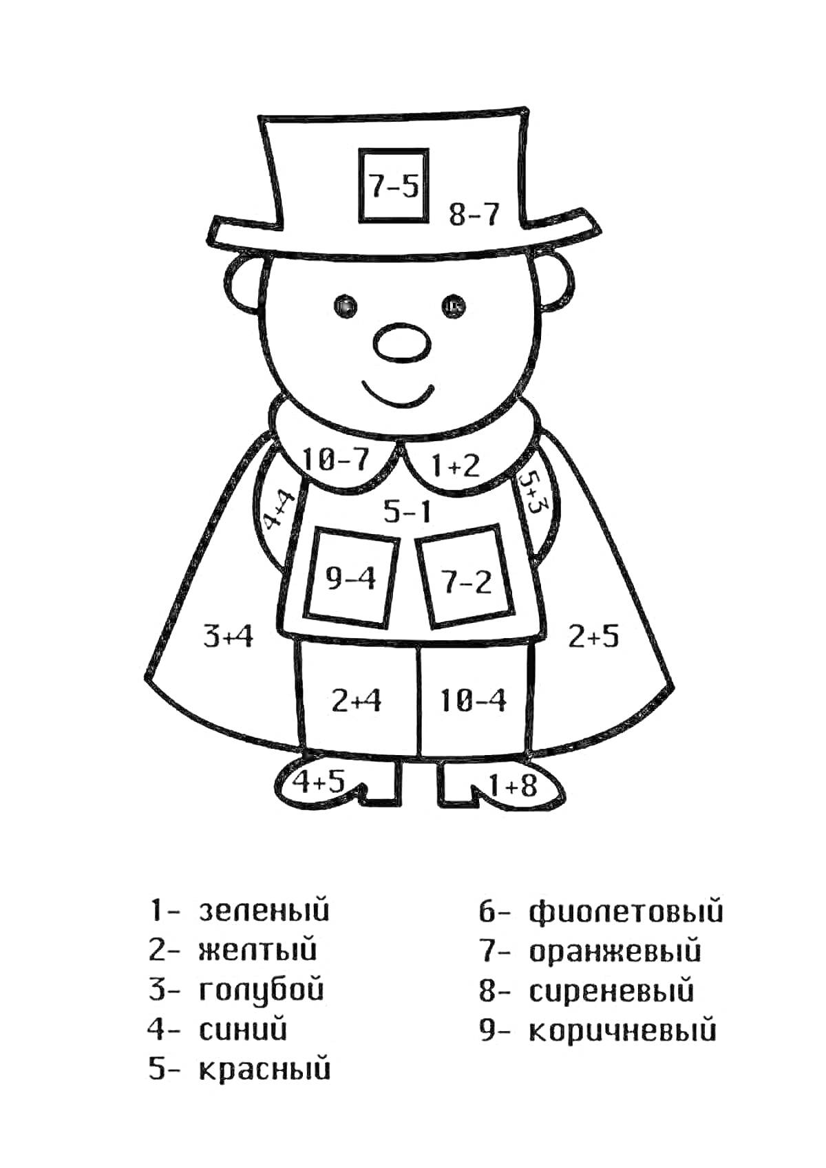 На раскраске изображено: Математика, Сложение, Снежный человек, Обучение, Цифры, Формулы