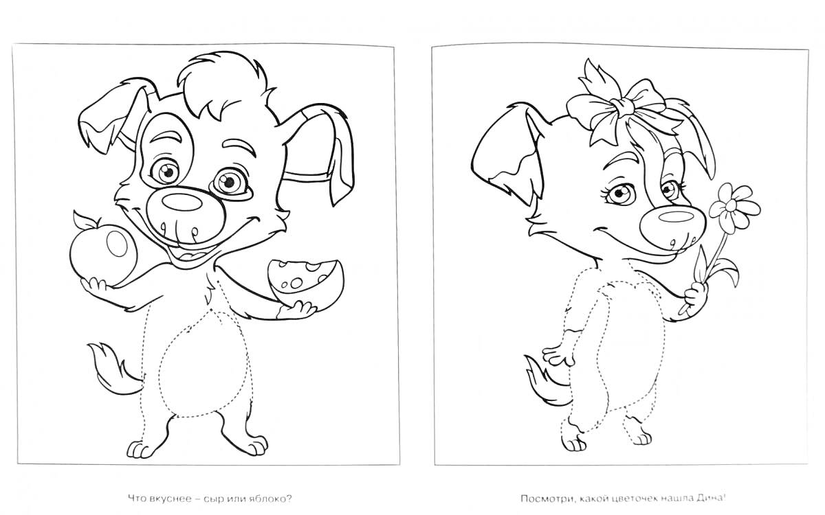 Раскраска Белка и Стрелка с фруктами и цветами