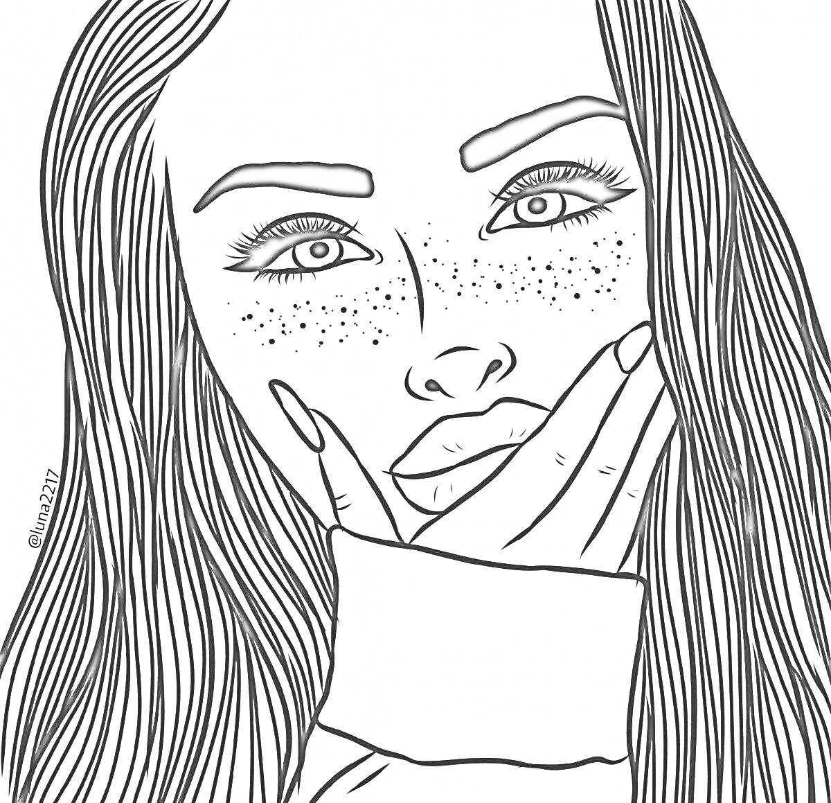 Раскраска Девушка с длинными волосами, веснушками, надувающая губы