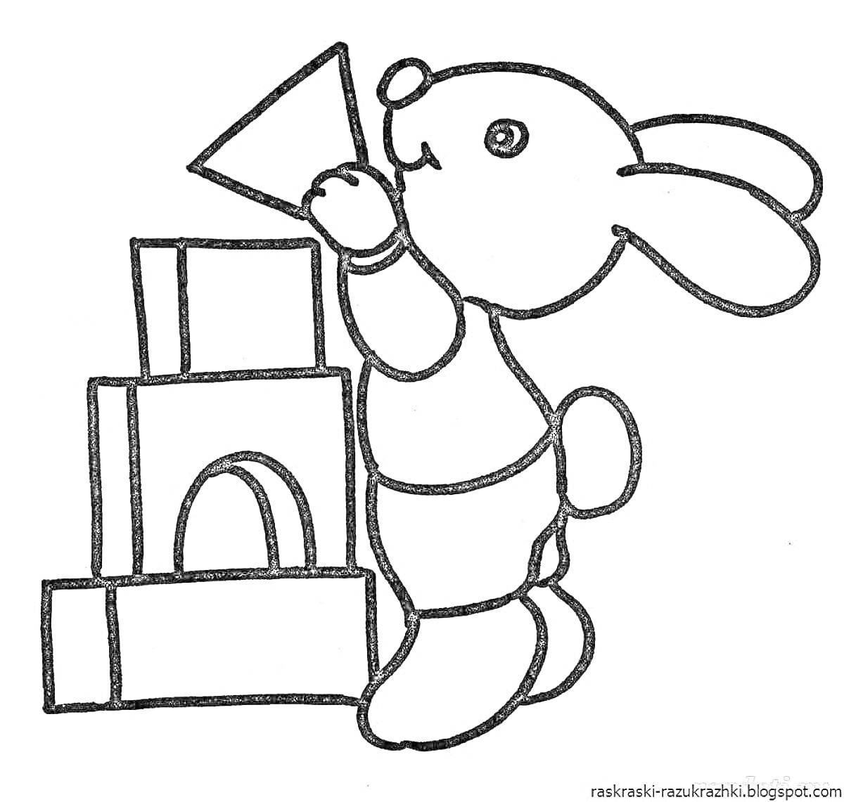На раскраске изображено: Кролик, Кубики, Конус, Игровой момент, Развивающие игры, Животные