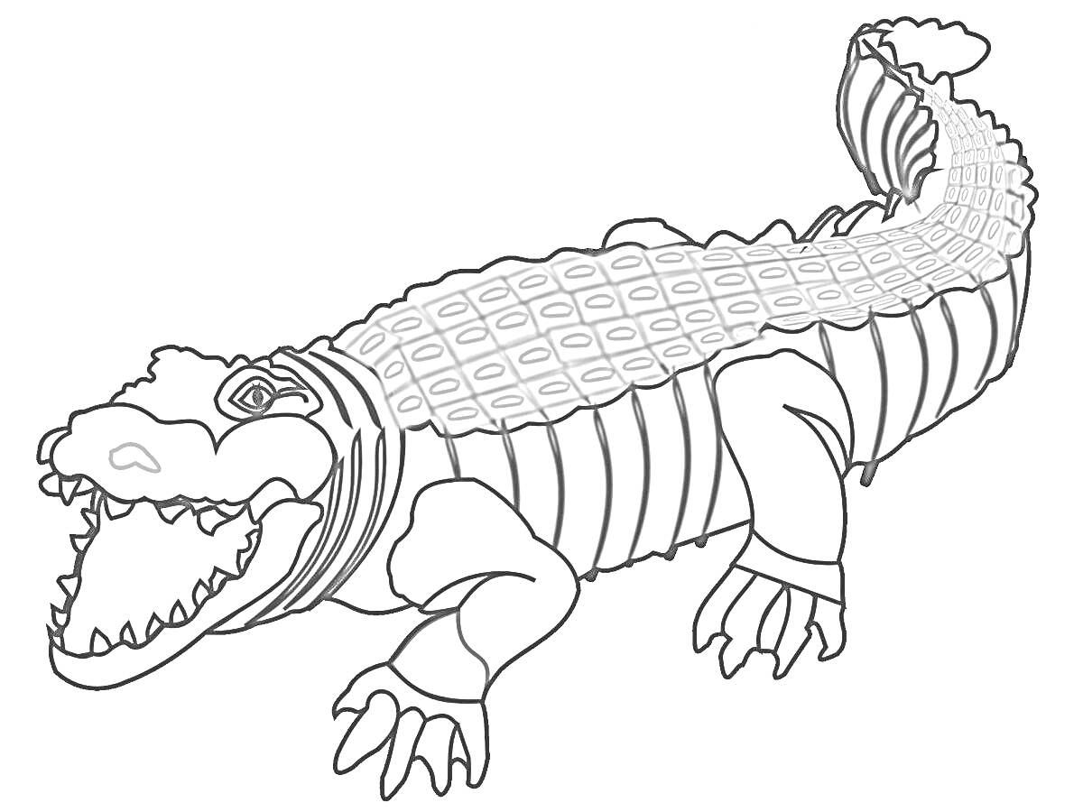 Раскраска Крокодил с открытой пастью, полный вид с четкими линиями на теле и хвосте