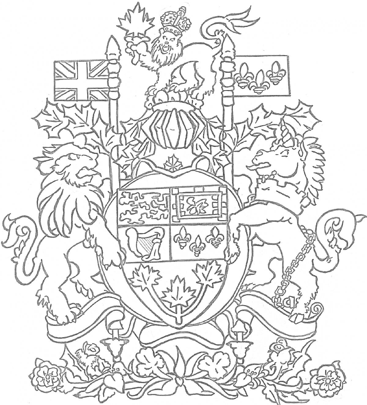 На раскраске изображено: Великобритания, Лев, Корона, Щит, Человек, Флаг, Клен