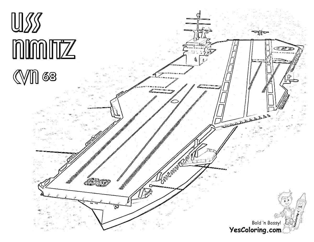 авианосец USS Nimitz CVN 68 с взлетной палубой, мостиком управления, антеннами и самолетами