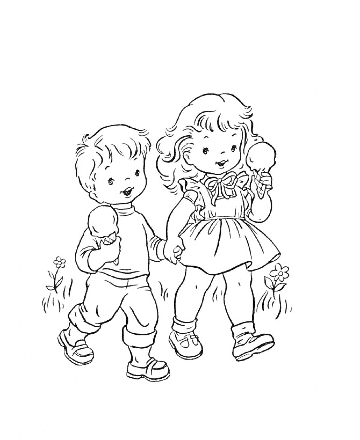 Раскраска Девочка и мальчик держатся за руки и едят мороженое, цветы на фоне