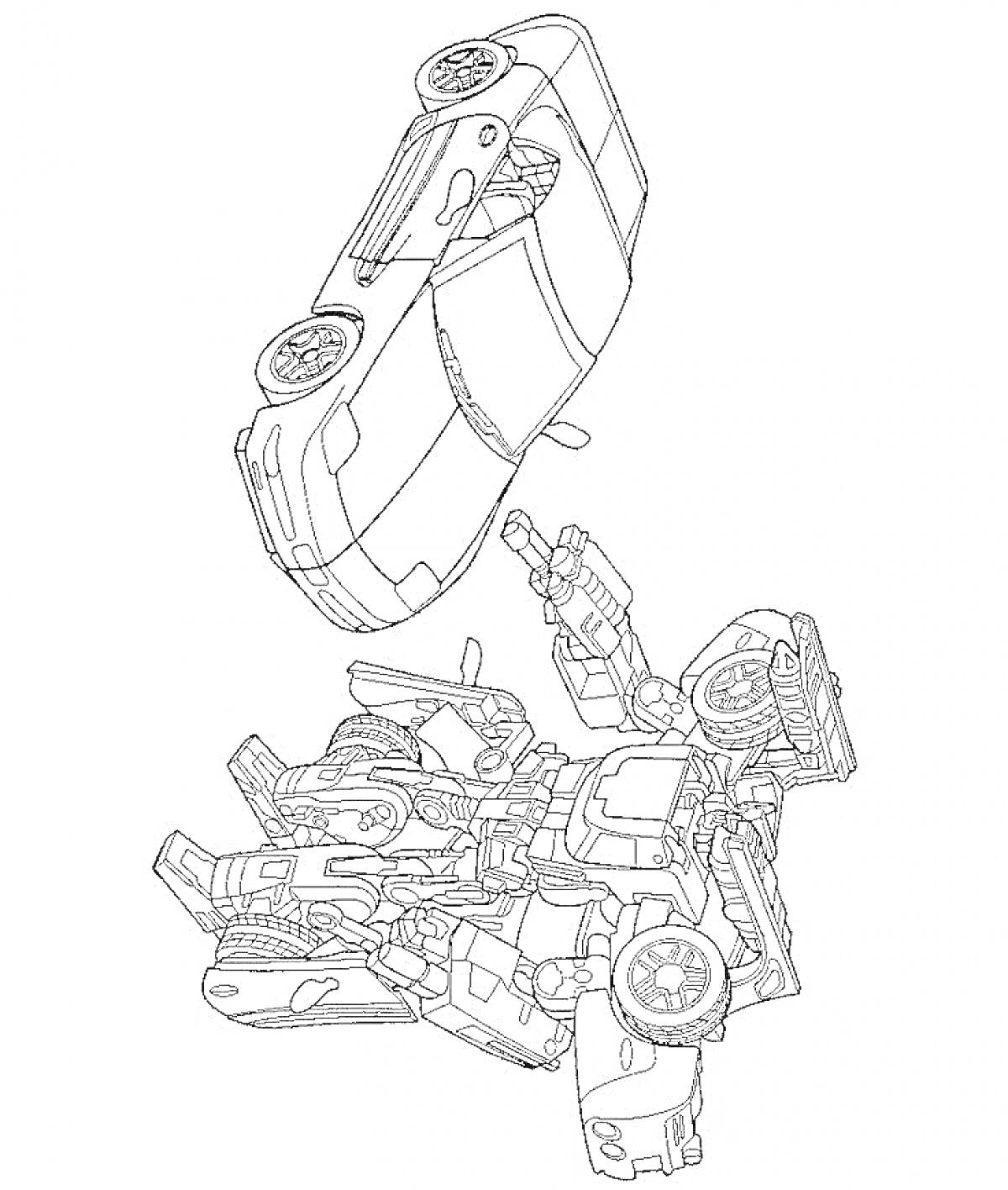 Раскраска Трансформирующаяся машина в человеческую форму с деталями двигателя и колес