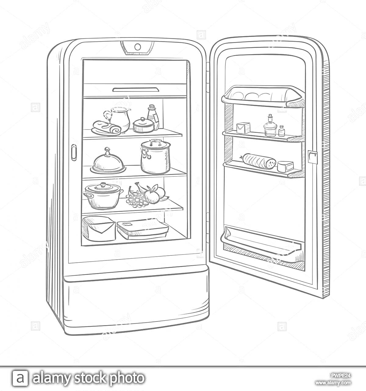 Раскраска Открытый холодильник с продуктами, включающий чайник, чашки, кастрюлю, банку, контейнеры, тарелки с едой, коробку с яйцами, бутылки и фрукты.