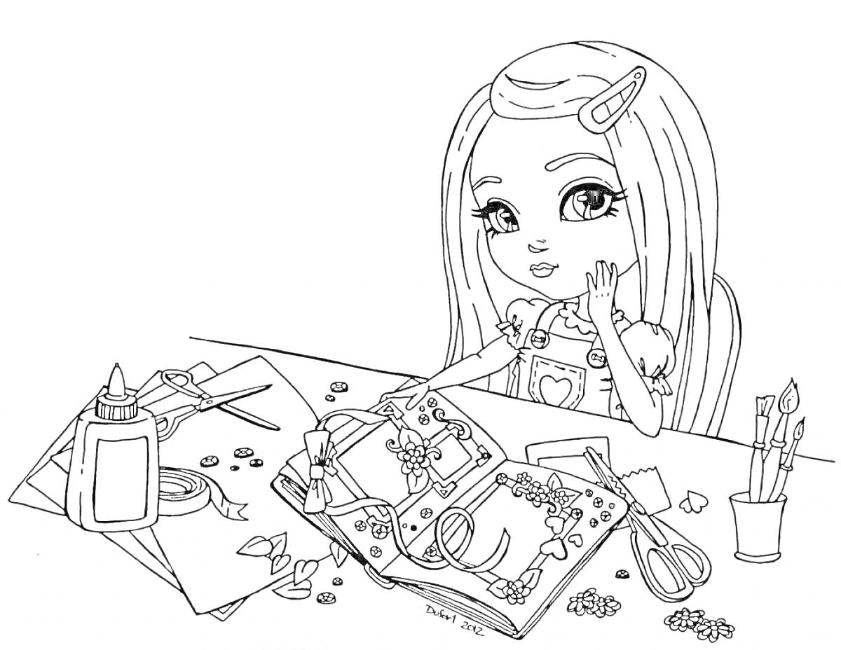 девочка за столом с журналом, ножницами, карандашами, клеем и бусинами