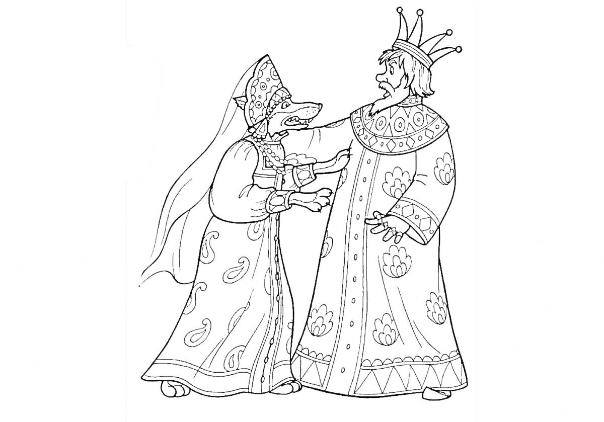 На раскраске изображено: Иван Царевич, Волк, Принцесса, Корона, Русский фольклор, Королевский наряд