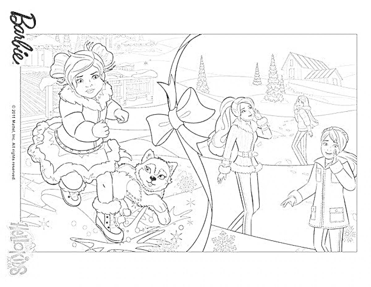 На раскраске изображено: Барби, Новый год, Зима, Снег, Елки, Домик, Девочка, Щенки