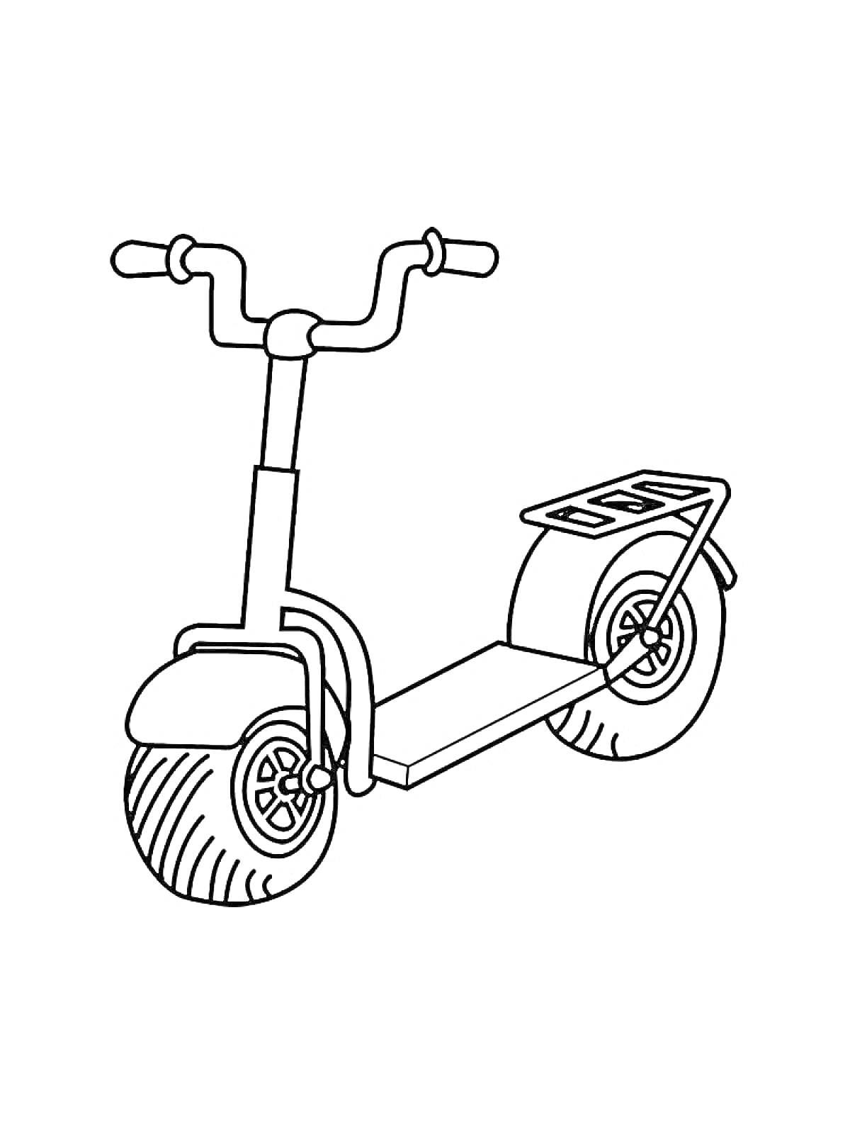 Раскраска Самокат с рулём, передним и задним колесами, и маленькой площадкой для ног