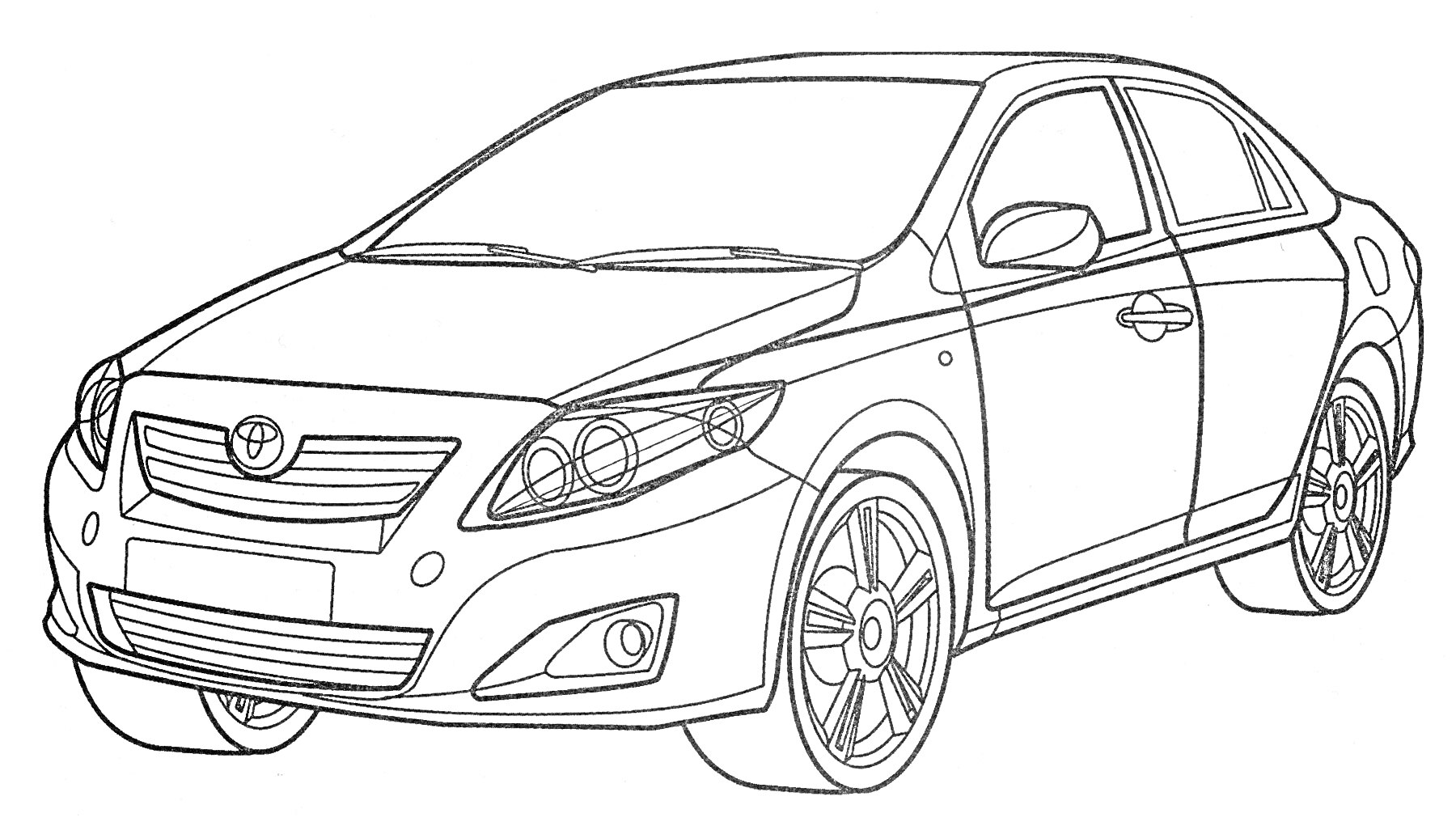 Раскраска Контурный рисунок автомобиля Toyota Corolla, вид спереди-сбоку, видны передние и задние фары, двери, капот, лобовое стекло, боковые окна и колеса.