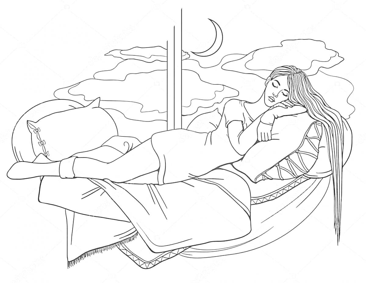 На раскраске изображено: Сон, Подушка, Ночь, Облака, Луна, Волосы, Расслабление, Отдых