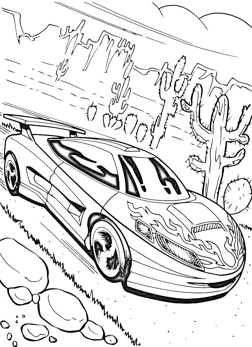 Раскраска Спортивная гонка в пустыне с машиной с огненным рисунком, кактусами и камнями