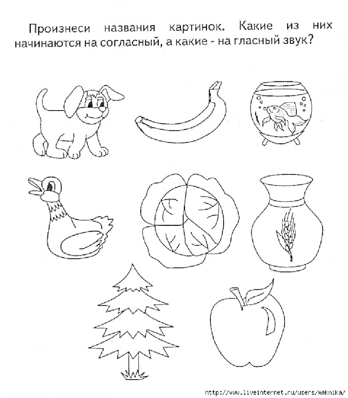 На раскраске изображено: Гласные, Согласные, Буквы, Дошкольники, Собака, Банан, Аквариум, Утка, Капуста, Ваза, Яблоко