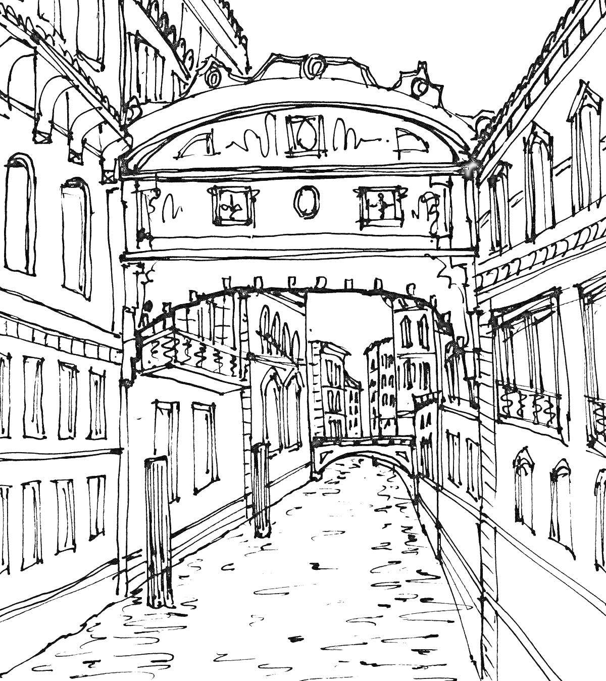 На раскраске изображено: Венеция, Канал, Мост, Здания, Окна, Архитектура, Италия