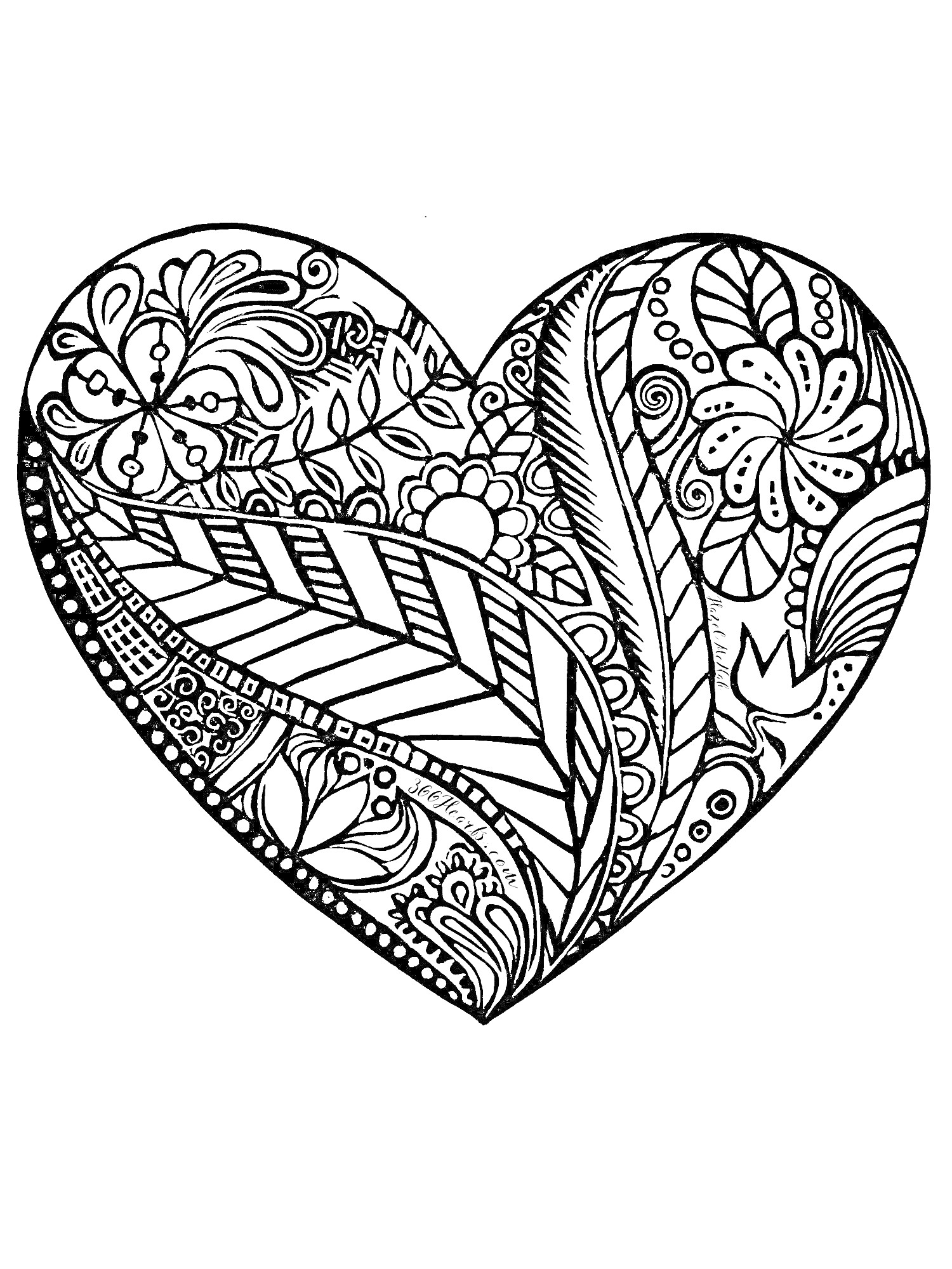 На раскраске изображено: Цветы, Листья, Абстрактные узоры, Сердца