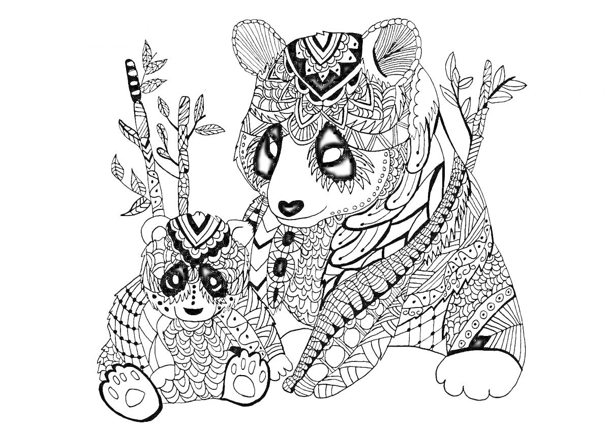 Раскраска Панды с декоративными узорами и листьями