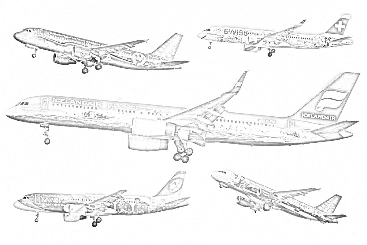 На раскраске изображено: Самолеты, Авиация, Небо, Транспорт