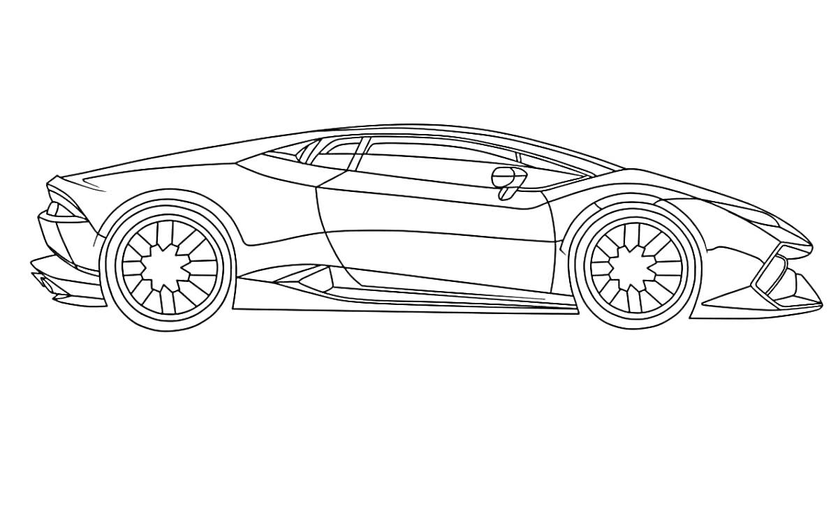 Раскраска Ламборгини в профиль, включая детали корпуса и колеса