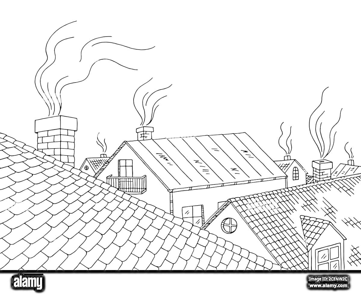 Раскраска Дома с черепичными крышами, трубами и дымом
