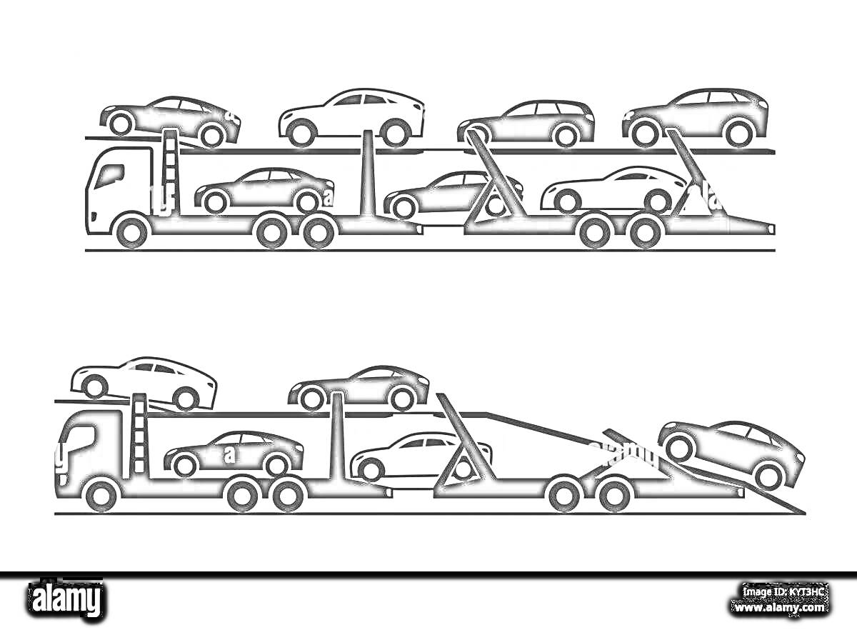 Раскраска Автовоз с легковыми автомобилями, два уровня загрузки, рампа для съезда