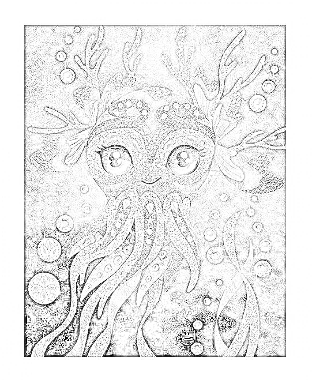 Раскраска Космический осьминог с большими глазами, щупальцами, светящимися шарами и фантастическими рогами на фоне звёздного неба