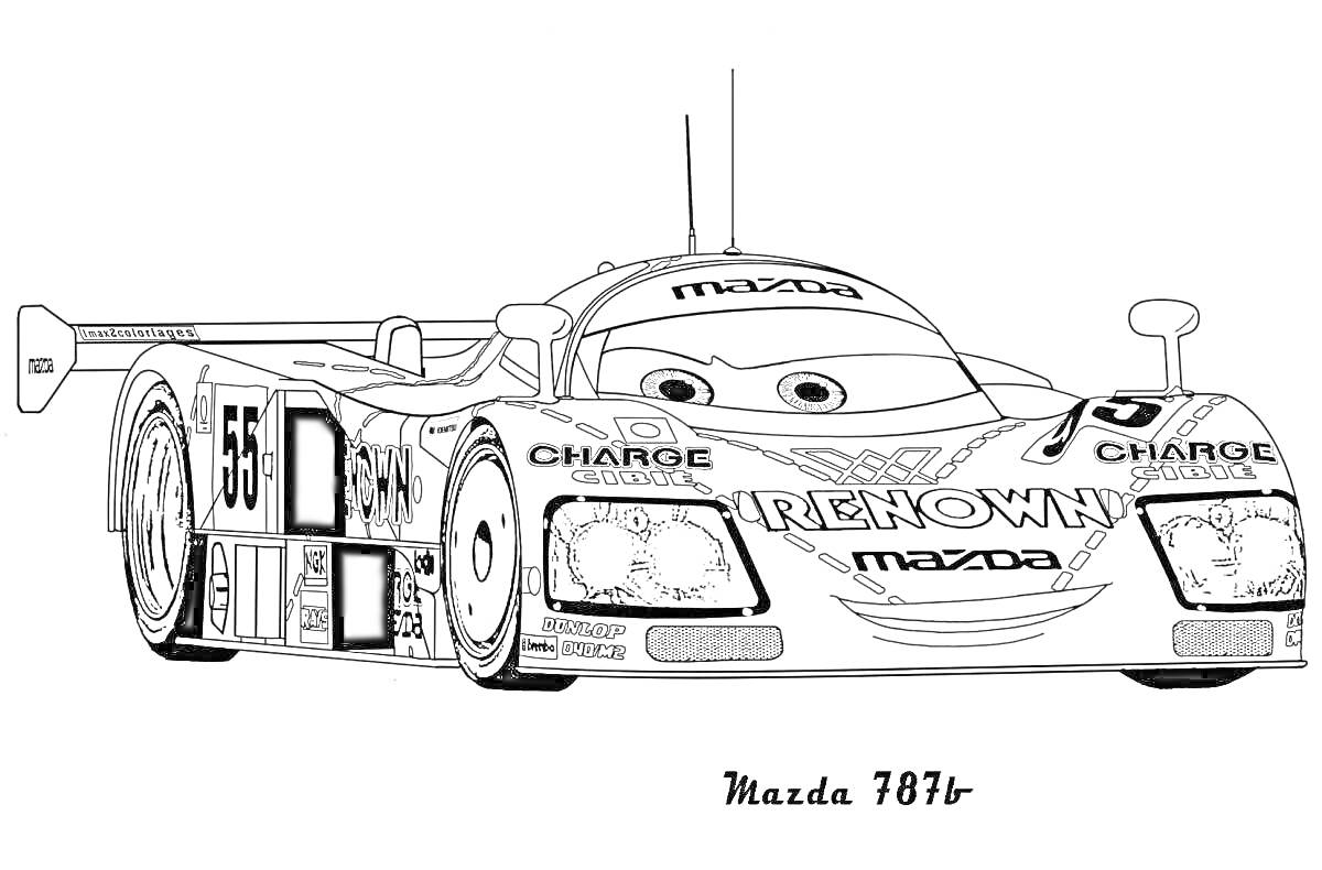 Раскраска Гоночная машина Mazda 787B с декоративными глазами и логотипами, вид спереди