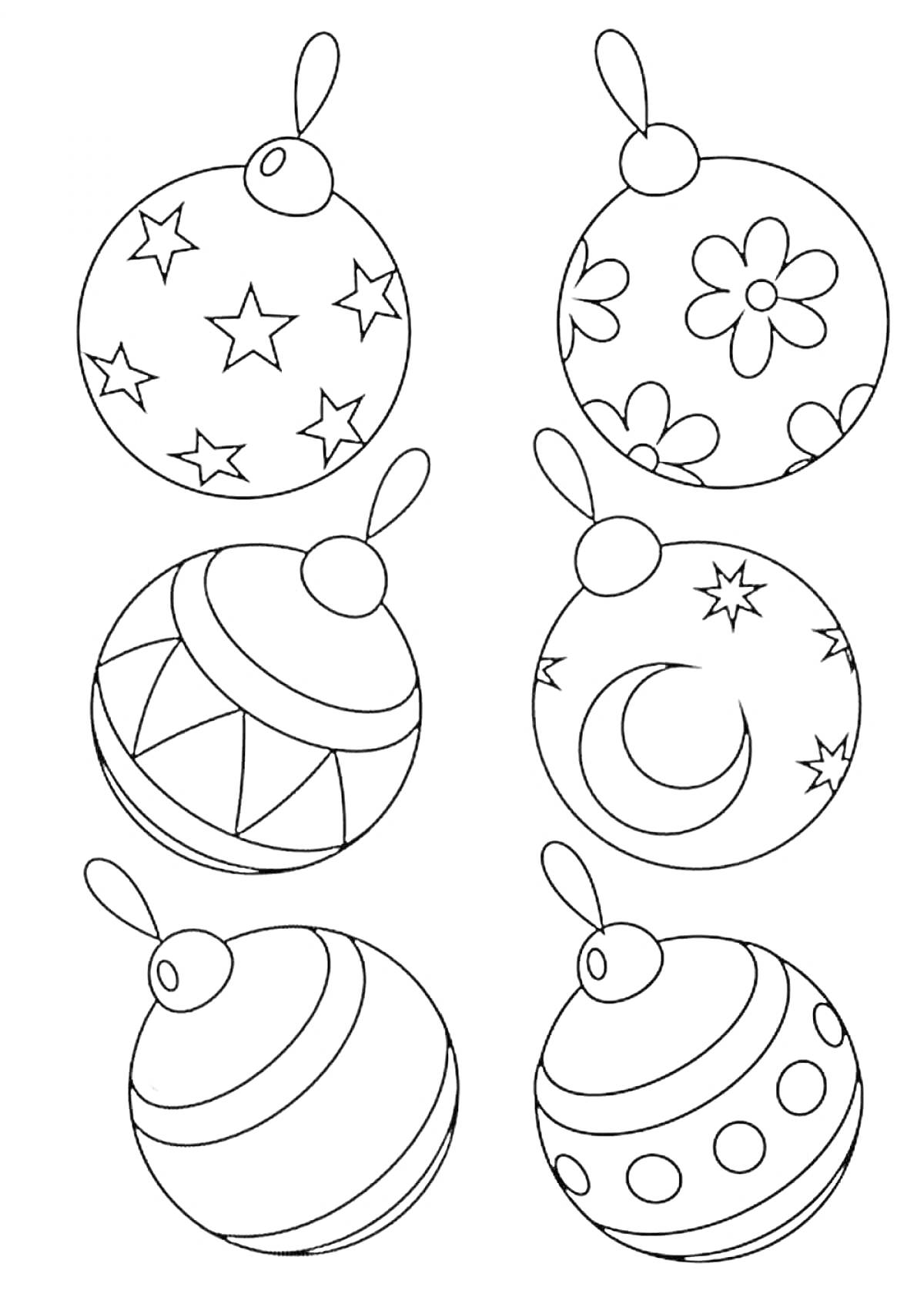 Раскраска Раскраска с изображением шести новогодних шаров со звездами, цветами, геометрическими фигурами, полумесяцем, линиями и кружочками