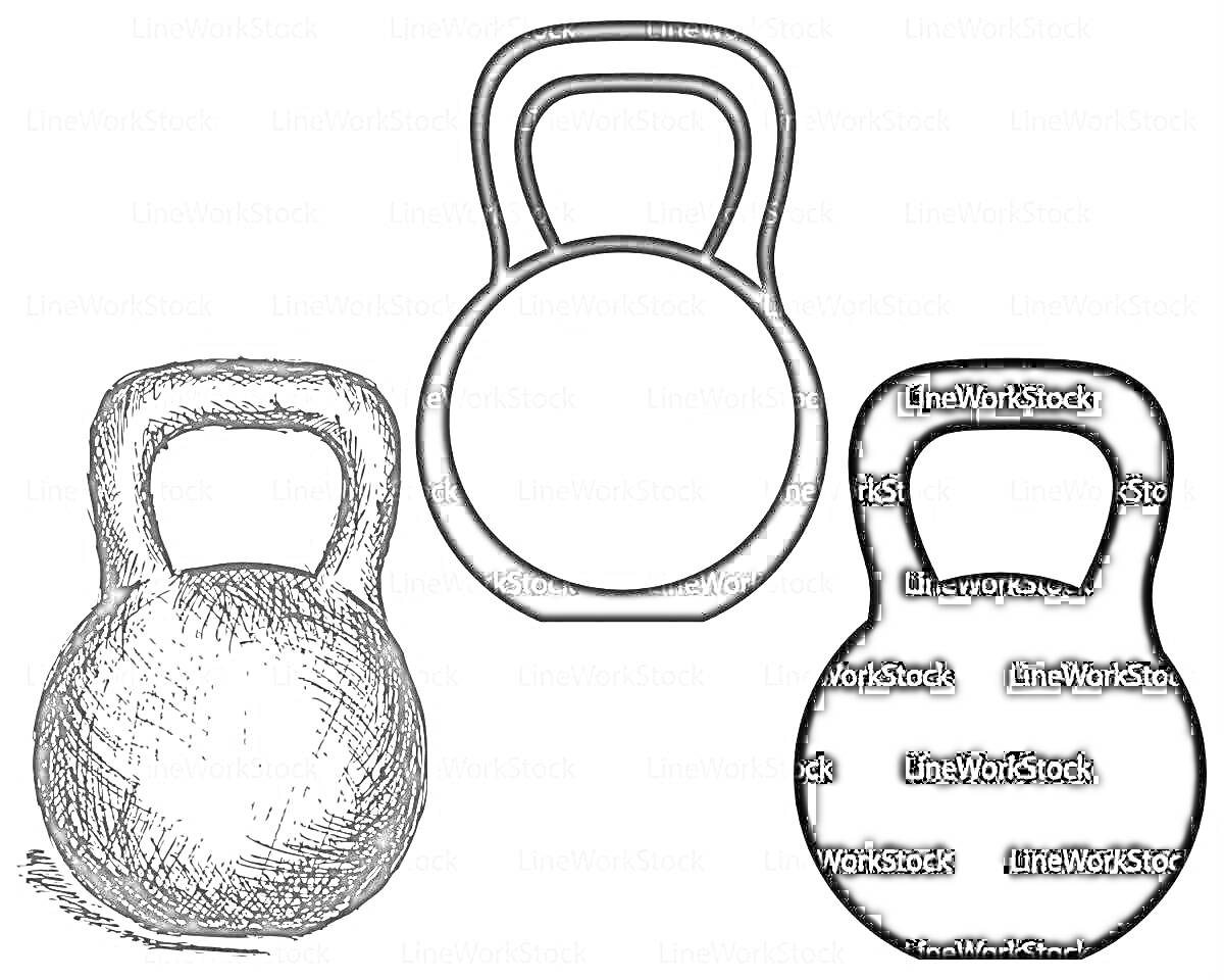Раскраска Три гири (эскизная гиря, контурная гиря, черная силуетная гиря)