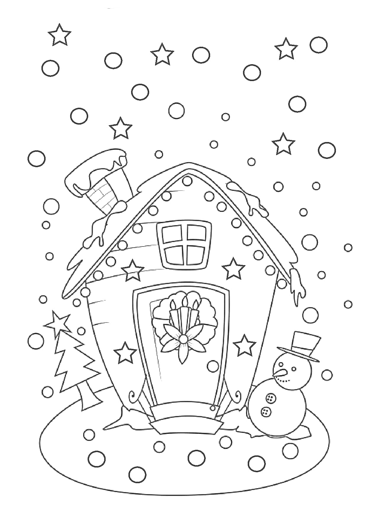 Раскраска Зимний домик с елочкой, снеговиком и падающими снежинками и звездами