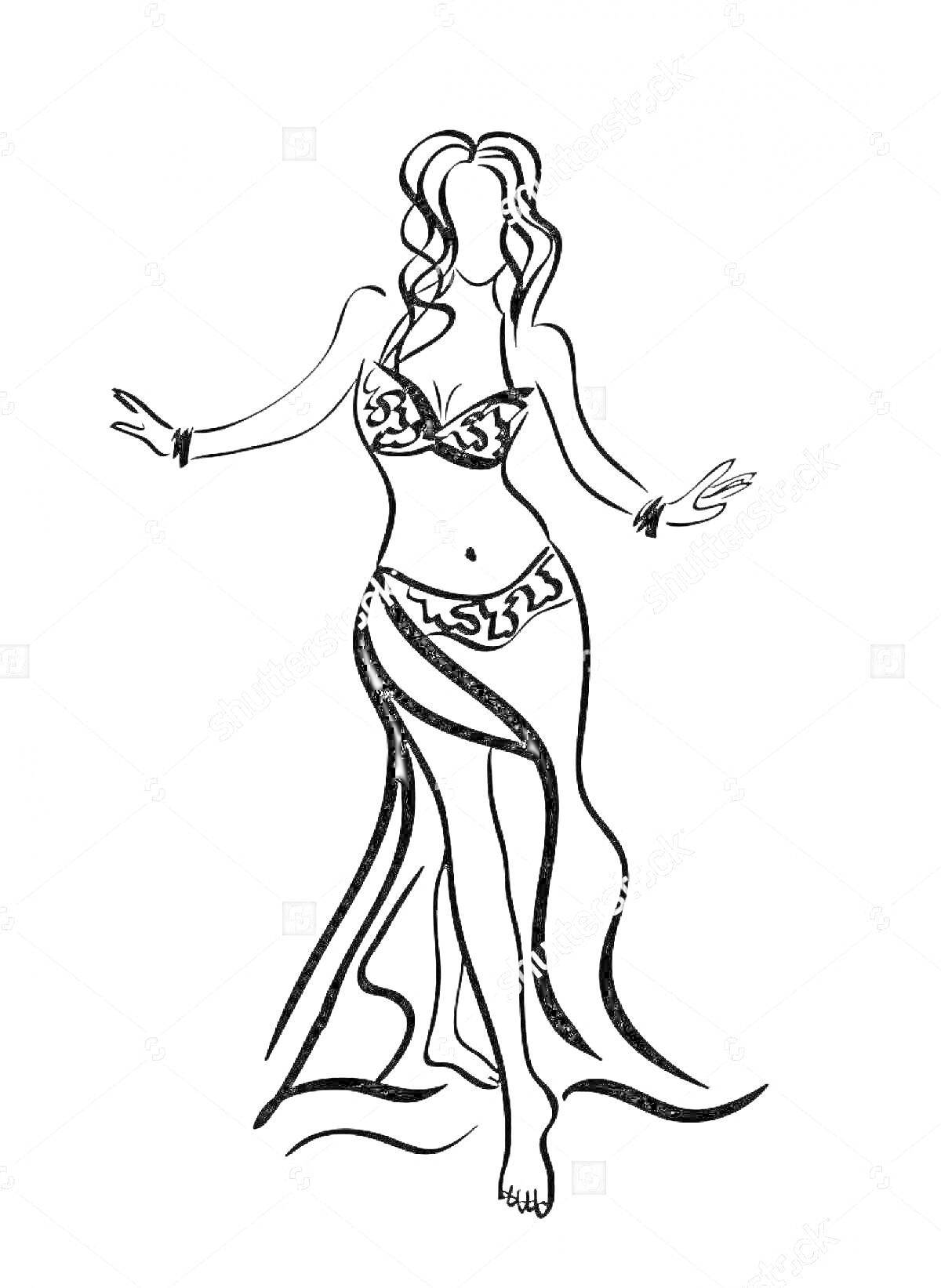 На раскраске изображено: Танцовщица, Длинная юбка, Восточный стиль, Экзотика