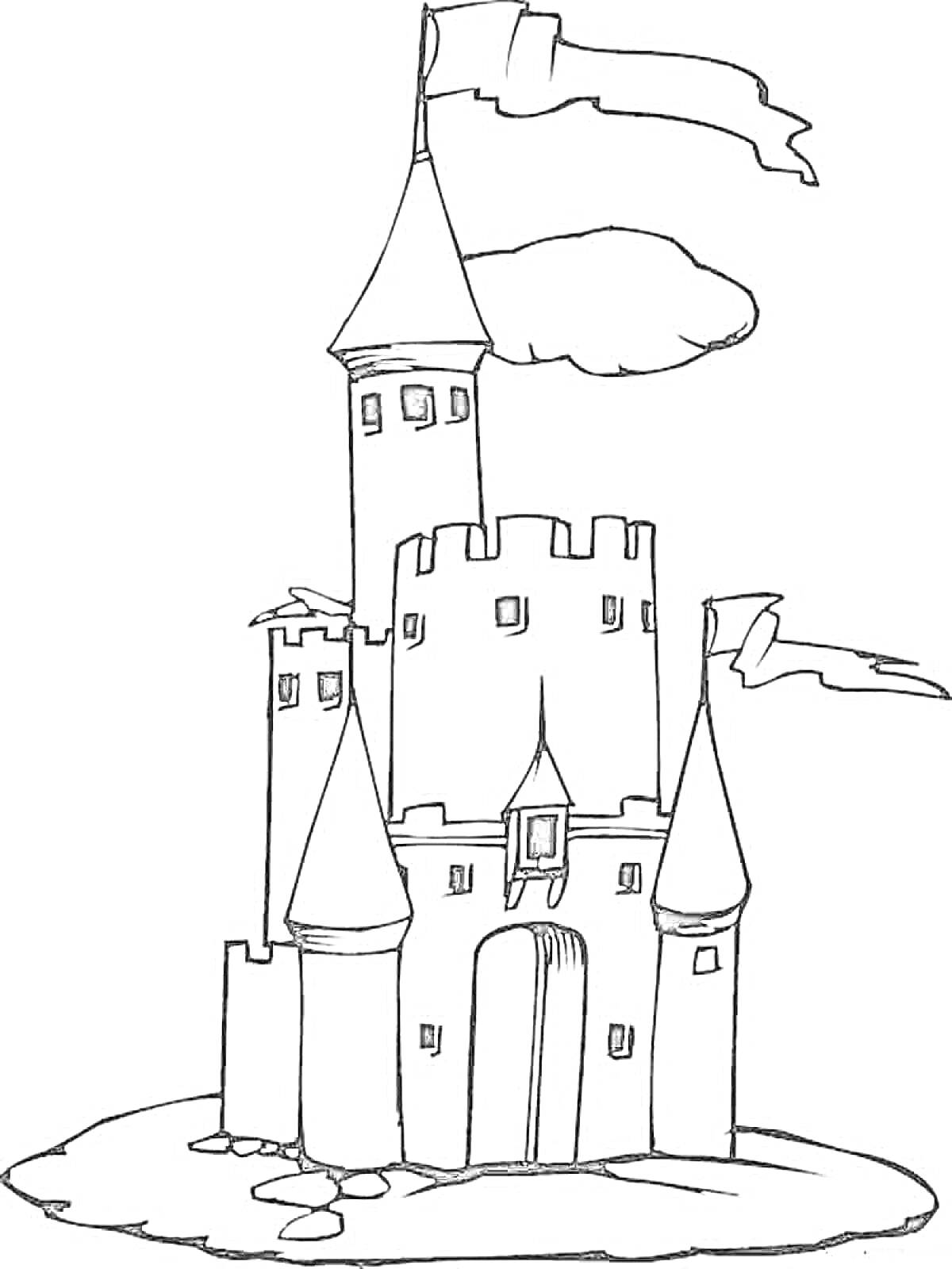 Раскраска Замок с тремя башнями, двумя флагами и воротами на подставке