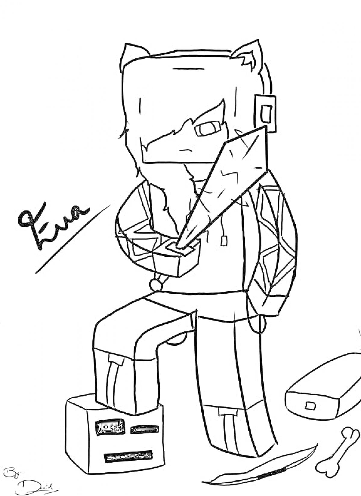 Раскраска Человек с кошачьими ушами и очками, держащий меч, стоящий на кубике с лицом, рядом нож, кость и прямоугольный предмет