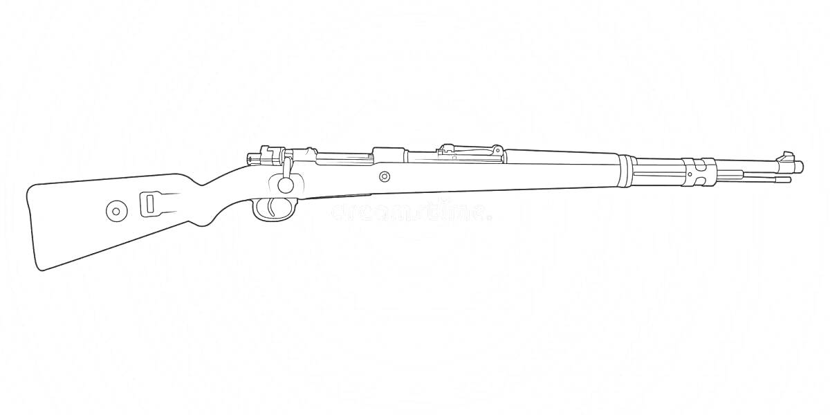 Линейный чертеж винтовки Мосина с деревянным прикладом, целиком, включая ствол, спусковой крючок и прицел.