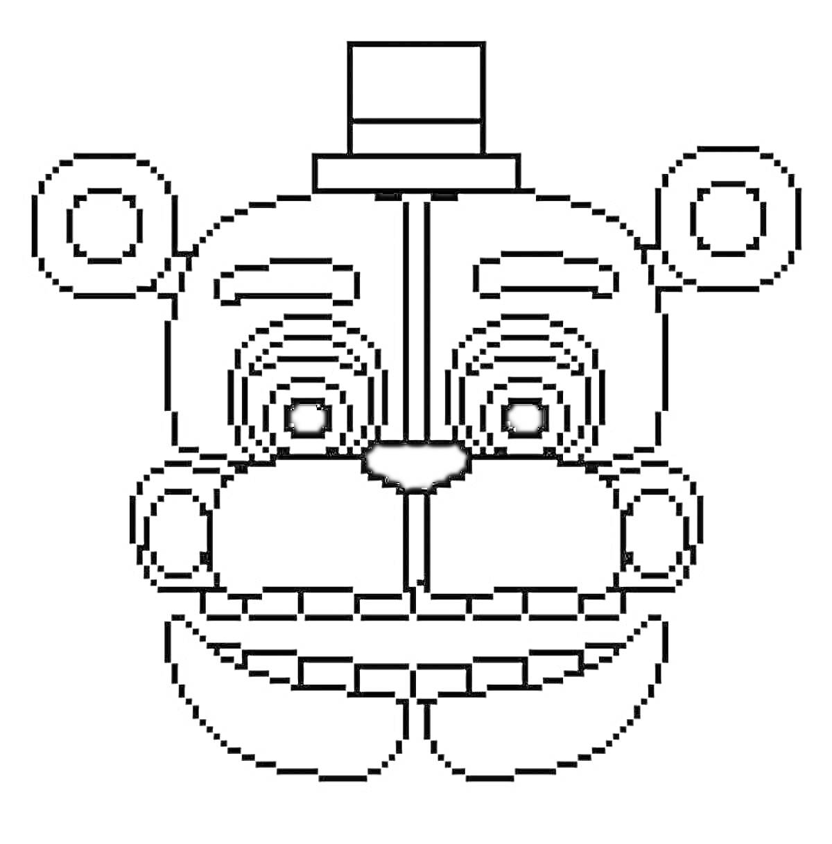 Черно-белая раскраска головы Фантайм Фредди с квадратной шляпой, кружевными ушами и широким ртом.