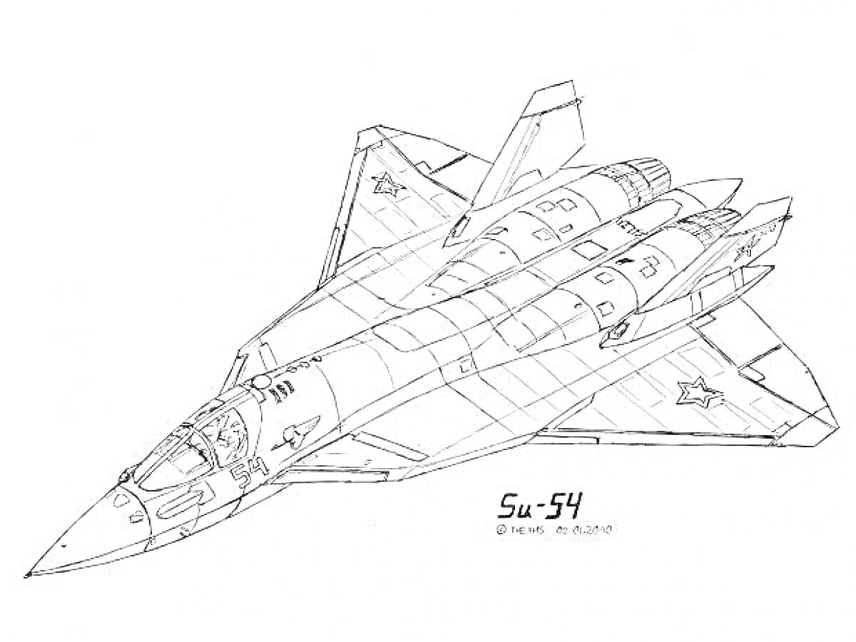 Раскраска Чертеж истребителя Су-57 с видимыми звездами, панелями и метками на корпусе